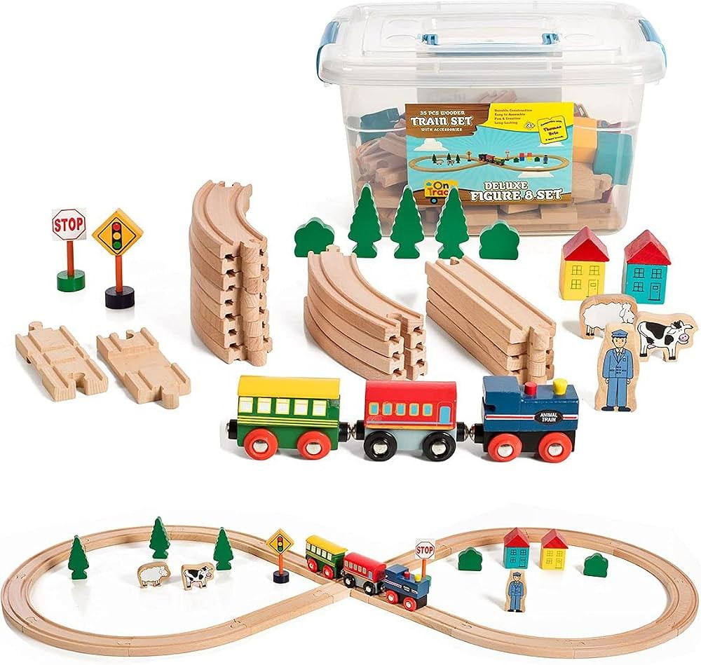 Wooden Train Set 35 Piece All in One Wooden Toy Train Tracks Set with Magnetic Trains and Railway... | Amazon (US)