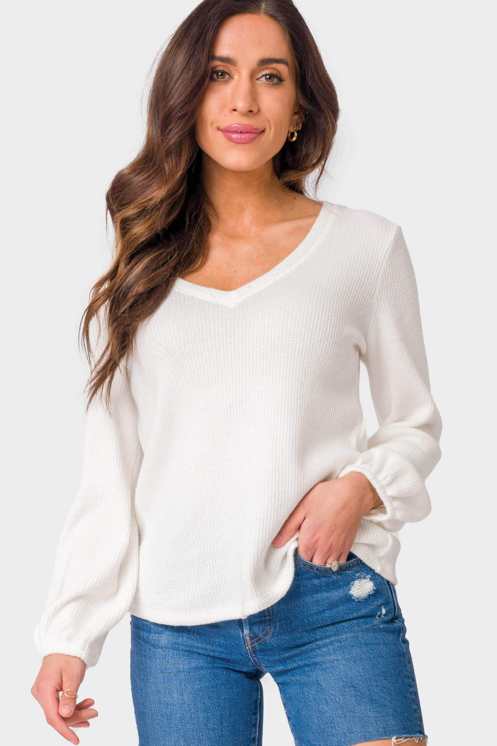 Soft Thermal Blouson Sleeve V-Neck Pullover | Gibsonlook