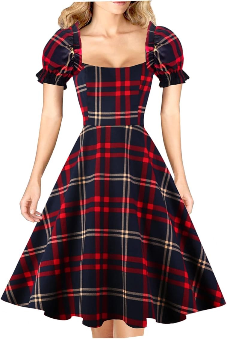 Hanpceirs Women's Puff Short Sleeve 1950s Party Dresses Square Neck Aline Dress with Pockets | Amazon (US)