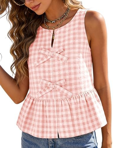 Womens Summer Sleeveless Gingham Tank Tops Bow Knot Round Neck Flowy Ruffled Peplum Hem Cute Shir... | Amazon (US)