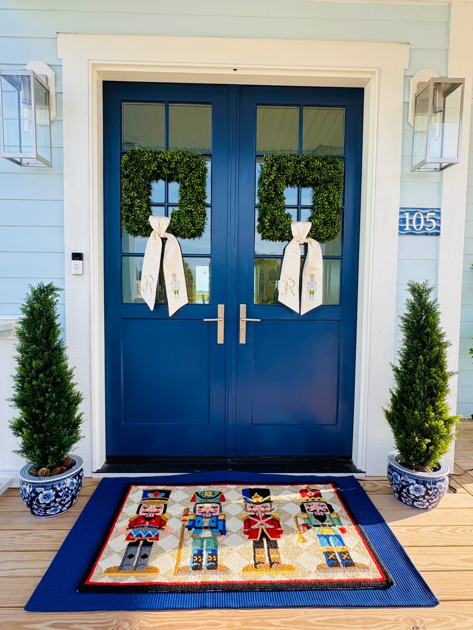A timeless Entrance that lights up at night! Wreath sashes are long and  are stunning quality custom embroidered . The Chinoiserie pot size medium perfectly fits the prelit cedar trees

#LTKSeasonal #LTKHoliday #LTKHome