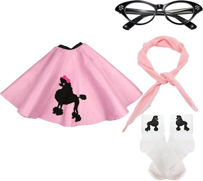 50s Girls Costume Accessory Set - Poodle Skirt, Chiffon Scarf, Cat Eye Glasses,Bobby Socks | Amazon (US)