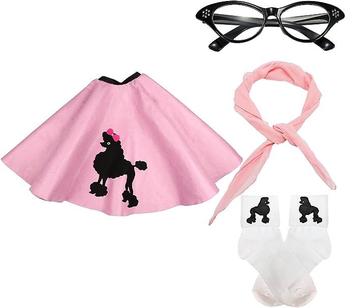 50s Girls Costume Accessory Set - Poodle Skirt, Chiffon Scarf, Cat Eye Glasses,Bobby Socks | Amazon (US)