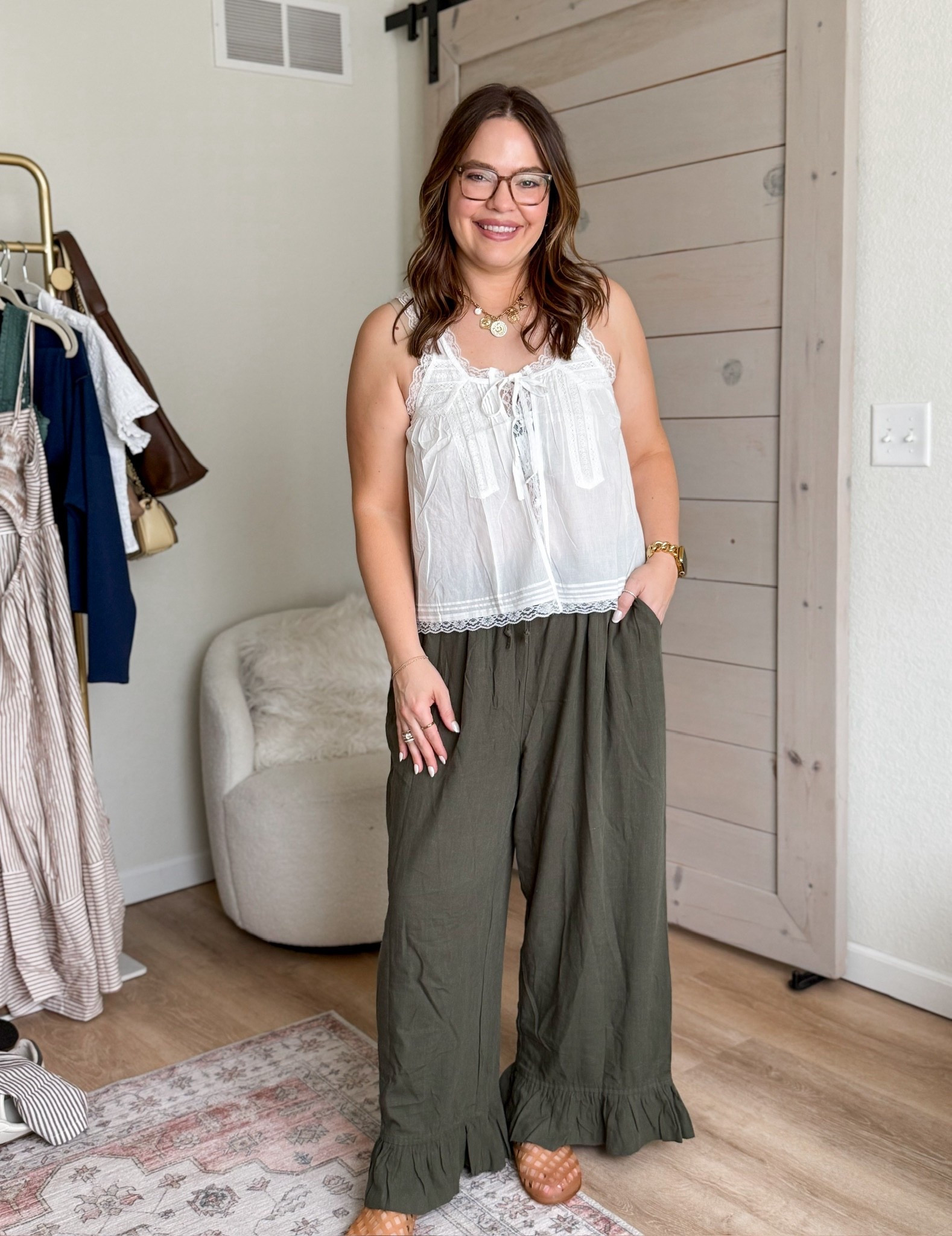 The cutest Boho style lace tank and wide leg line pants // wearing size large in both

#LTKootd #LTKSeasonal #LTKMidsize