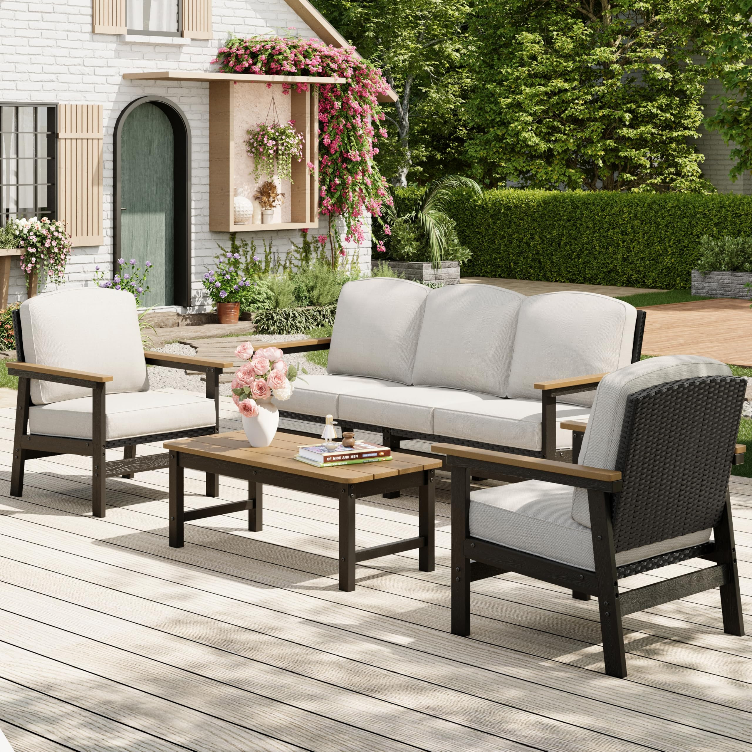 4-Piece HDPE Outdoor Patio Conversation Set, All-Weather Wicker Patio Furniture Set, Waterproof &... | Amazon (US)