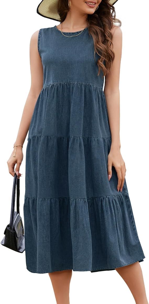 Women Summer Tiered Denim Dress Sleeveless Crewneck Midi Jean Dress | Amazon (US)