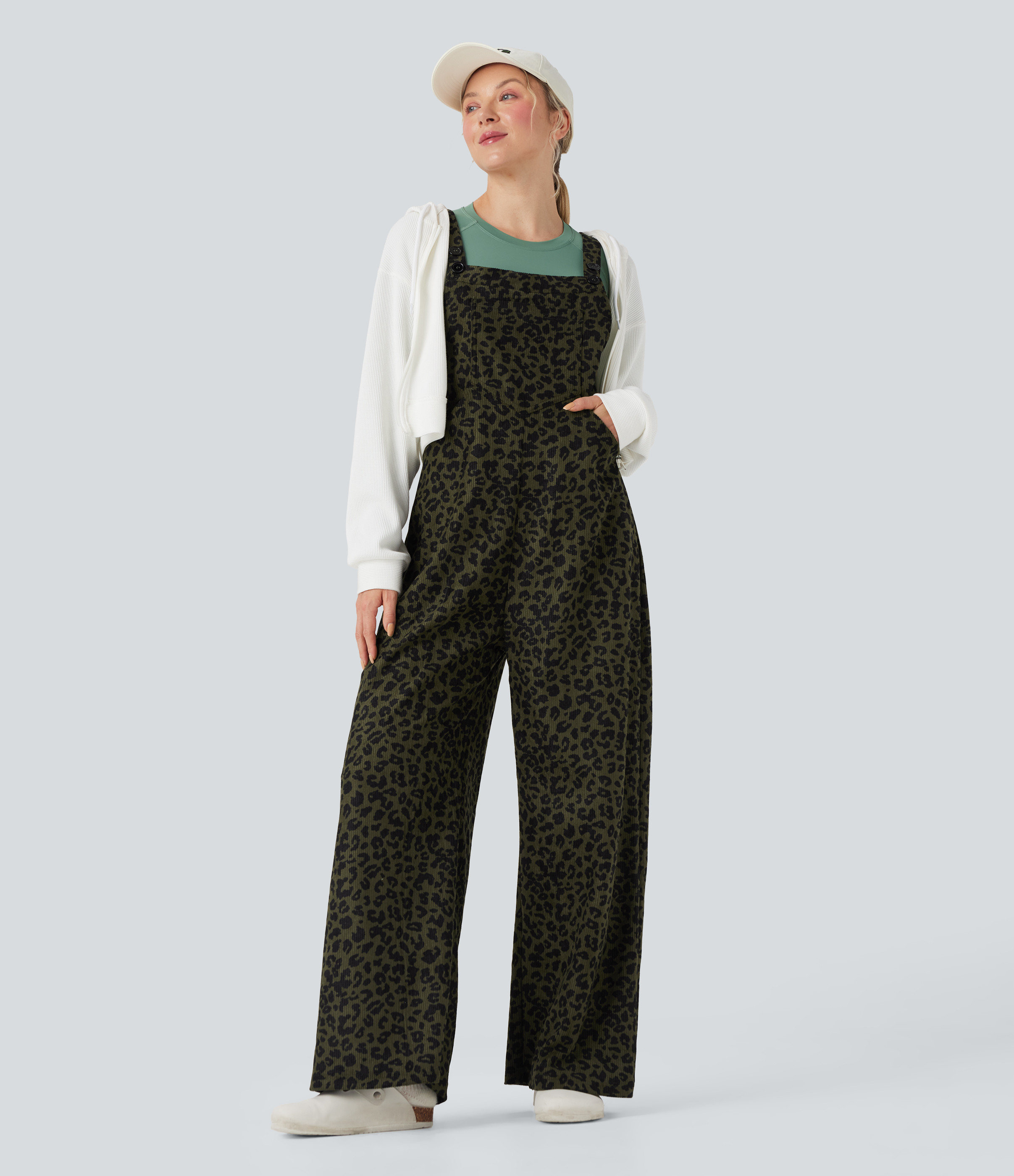 Halara Leopard Print Corduroy Relaxed Casual Overalls with Pockets - Gray Leopard Denim - M(regular) | HALARA