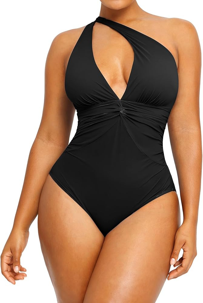 SHAPELLX Women One Piece Swimsuit Tummy Control Ruched V Neck One Piece Bathing Suit with Built-i... | Amazon (US)