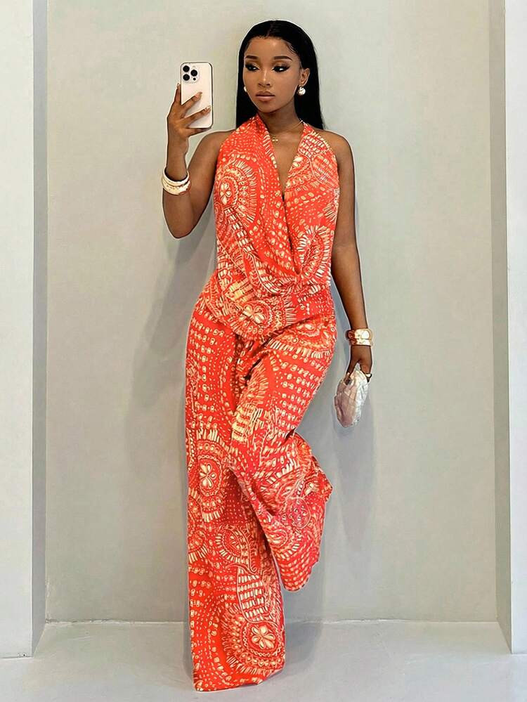 BamGleam Women's Summer Vacation All-Over Print Halter Neck Top And Wide Leg Pants 2 Pieces Set | SHEIN