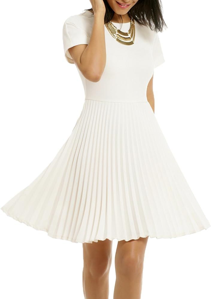 Amazon.com: WOOSEA Women's Elegant Pleated Short Sleeves Cocktail Party Swing Dress White : Cloth... | Amazon (US)
