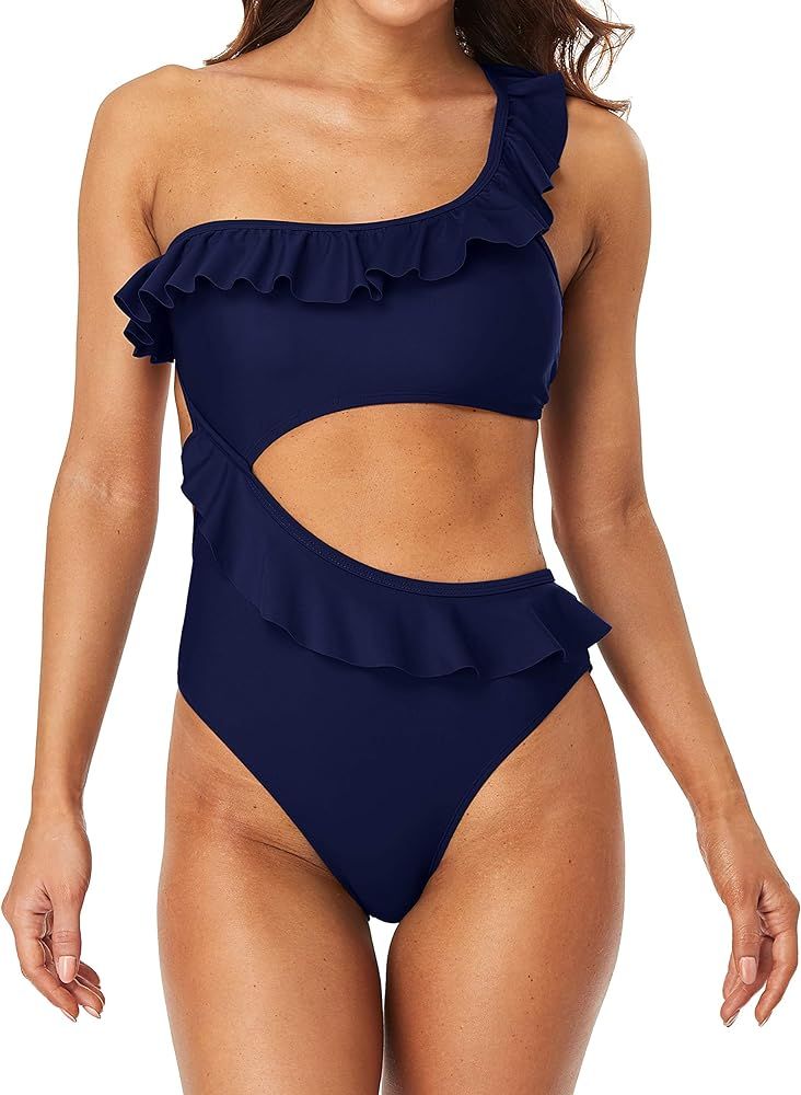 Sociala Women's One Piece Swimsuits Asymmetric Ruffle One Shoulder Cutout Monokini | Amazon (US)