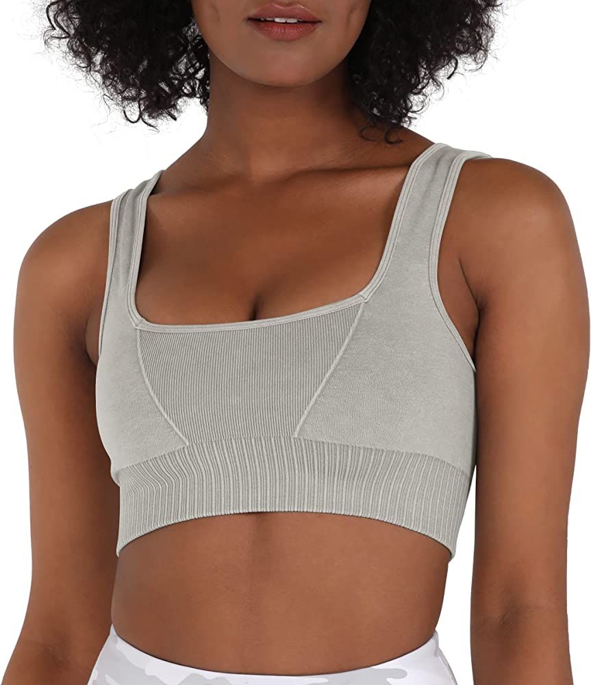 ODODOS Seamless Square Neck Sports Bra for Women Ribbed Crop Tank Casual Low Back Cropped Tops | Amazon (US)