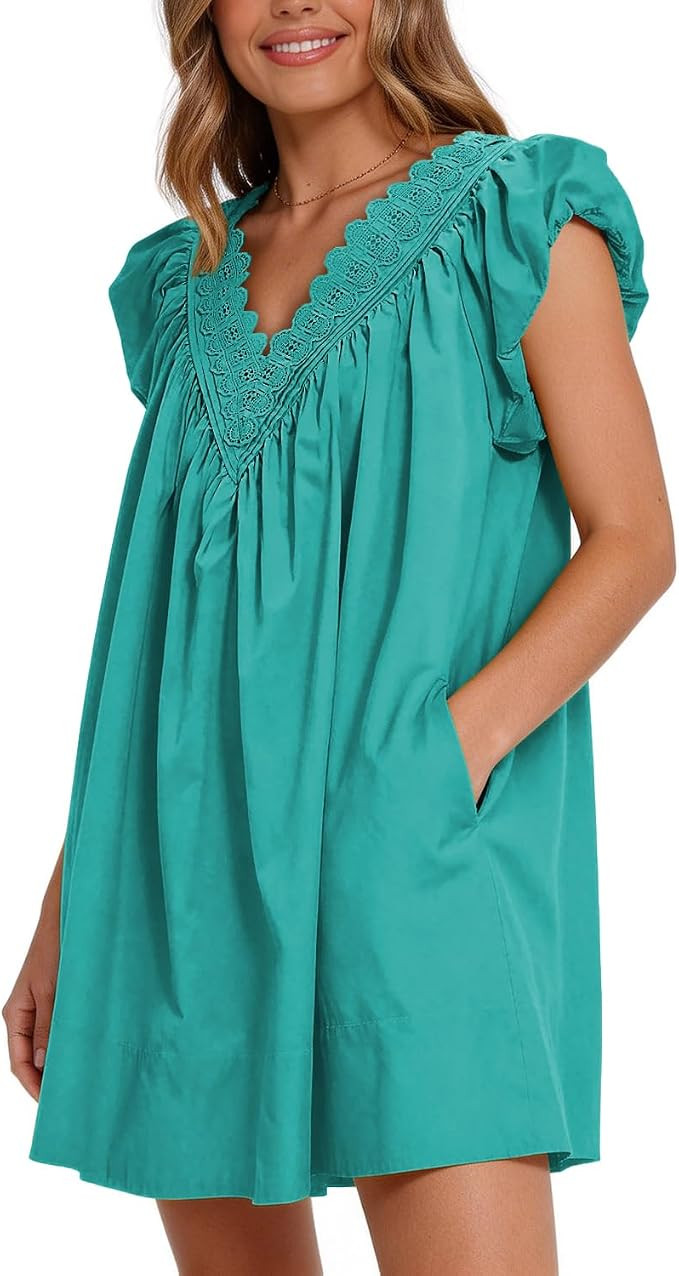Senllen Cotton Summer Dresses for Women 2026 A Line Puff Short Sleeve V Neck Casual Babydoll Boho... | Amazon (US)