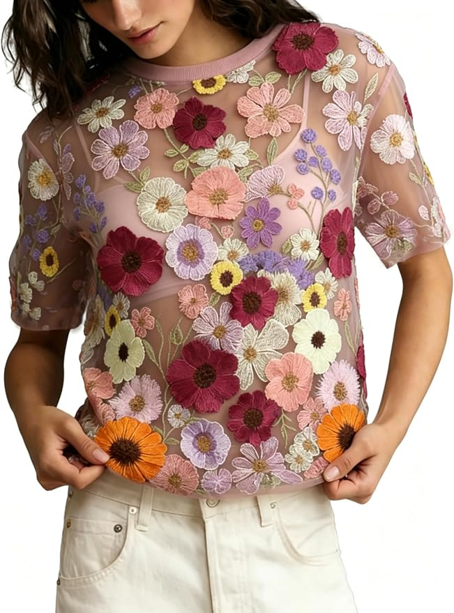 Women's Embroidered Tops 3D Floral Sheer Lace Shirt | Amazon (US)