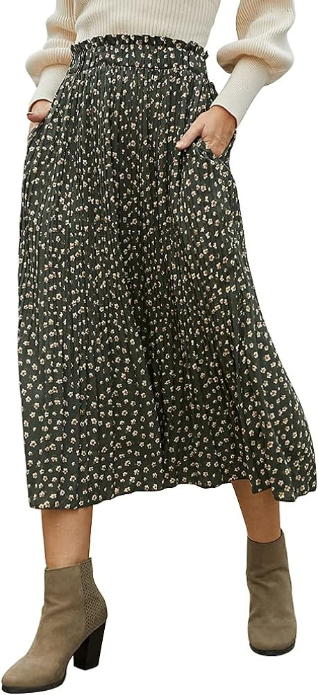 EXLURA Womens High Waist Polka Dot Pleated Skirt Midi Swing Skirt with Pockets | Amazon (US)