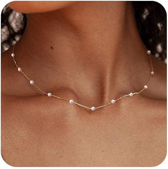 FUNEIA Dainty Pearl Necklace for Women 14K Gold Plated Faux Pearl Choker Necklaces Trendy White S... | Amazon (US)