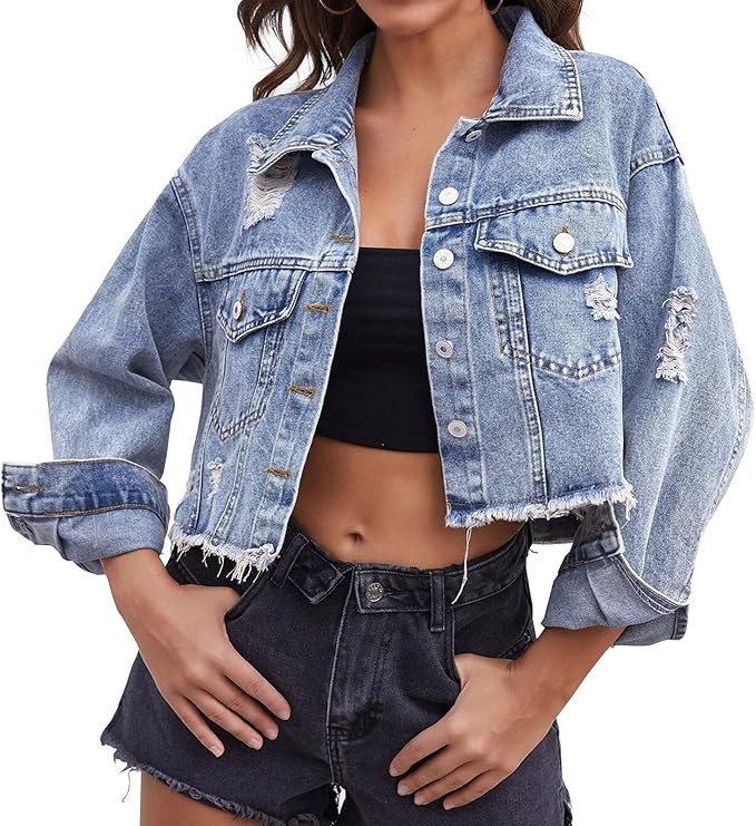 LONGYIDA Women's Cropped Denim Jacket | Distressed Button-Down Jean Jacket | Long Sleeve Ripped &... | Amazon (US)