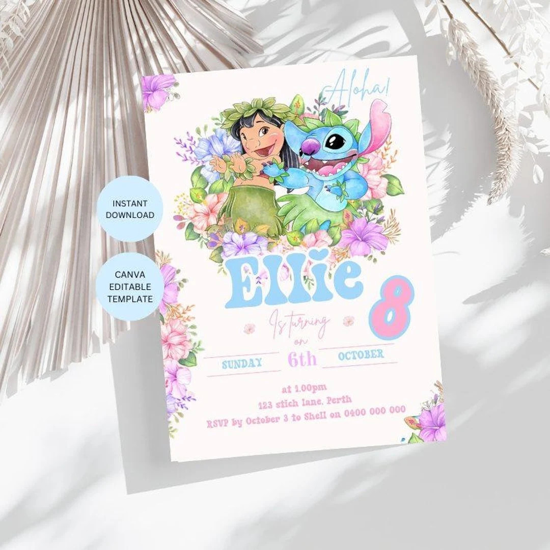 Stitch Invitation Girls Lilo and Stitch Birthday Invite Cute Aloha Tropical Party Invitation Edit... | Etsy (US)