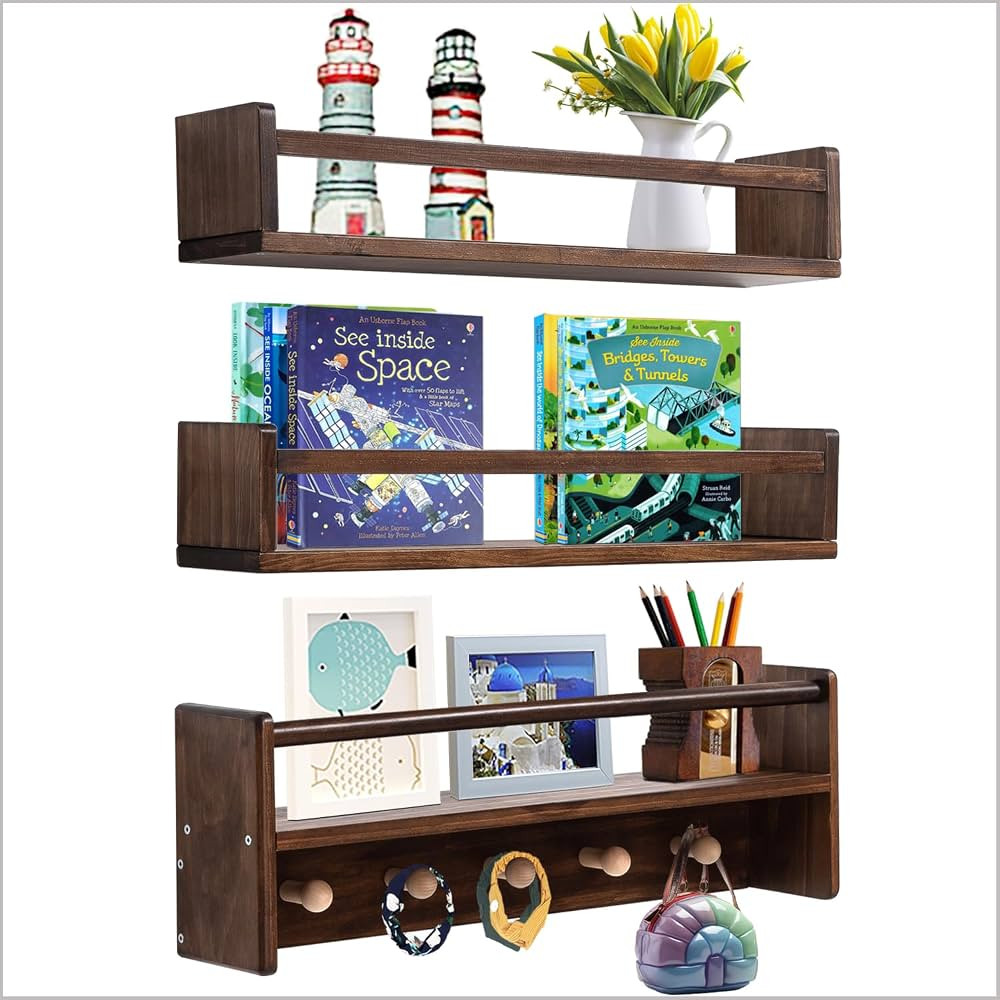 AZSKY 16 Inch Nursery Book Shelves Wall Floating Bookshelf with Hook Deep Walnut Hanging Book Shelf Toddler Room for Kids Room Bedroom Bathroom Living Room Kitchen Set of 3 | Amazon (US)