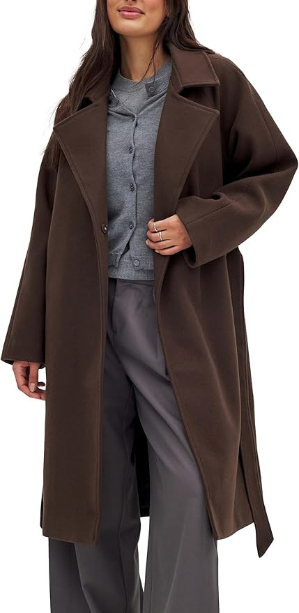 Belted Coat for Women Winter Classic Loose Open Front Notch Lapel Trench Peacoat Long Outwear wit... | Amazon (US)