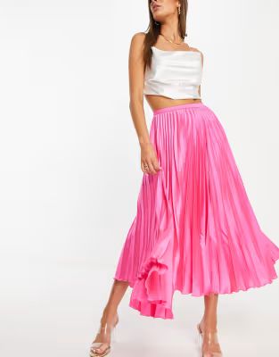 ASOS DESIGN satin pleated midi skirt in hot pink | ASOS (Global)