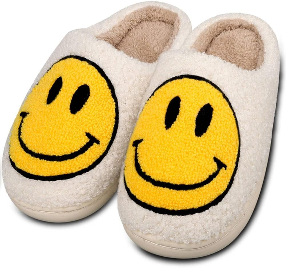 Smiley Face Slippers,Retro Soft Plush Lightweight House Slippers Slip-on Cozy Indoor Outdoor Slip... | Amazon (US)