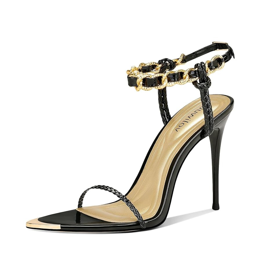 Women’s Black Stiletto Sandals with Gold Chain Ankle Strap — Open Toe Pointed Toe Heels for W... | Amazon (US)