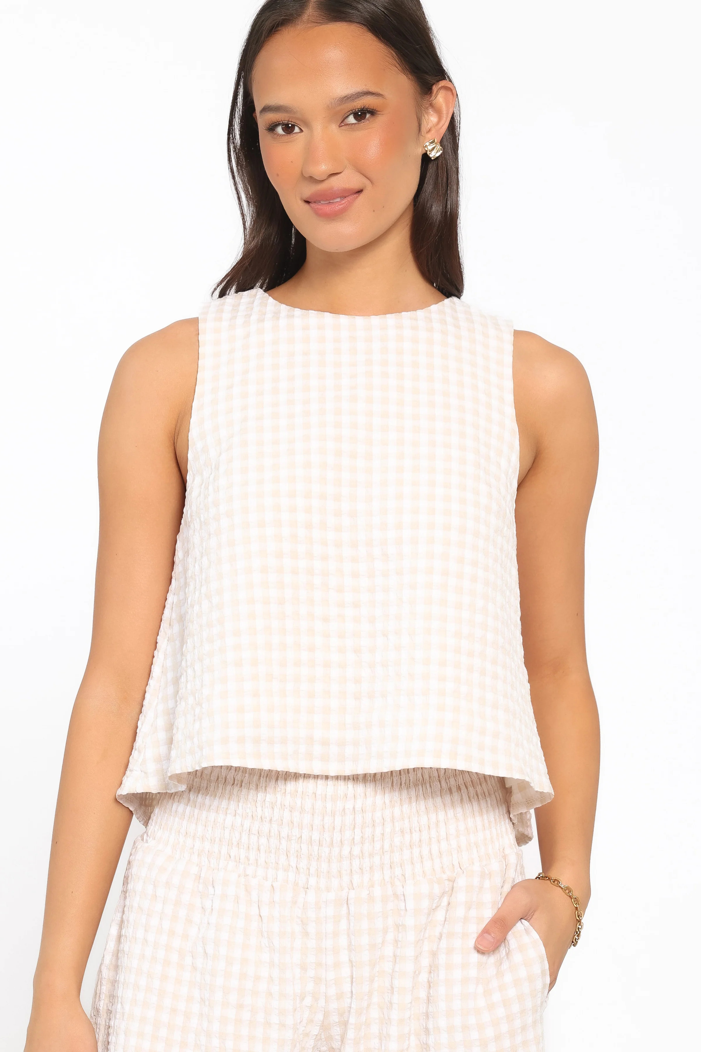 Jillian Smocked Pant Set - Beige Gingham | Petal & Pup (US)