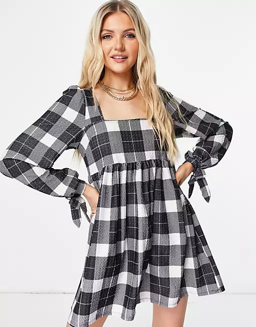 ASOS DESIGN square neck mini smock dress with tie cuff detail in black and white check | ASOS (Global)
