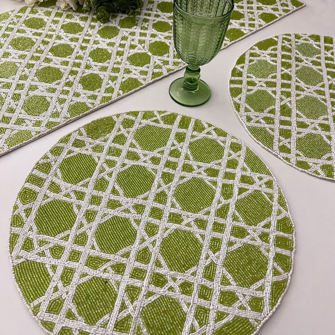 Green and white table runner and placemats, handmade beaded | Etsy (US)