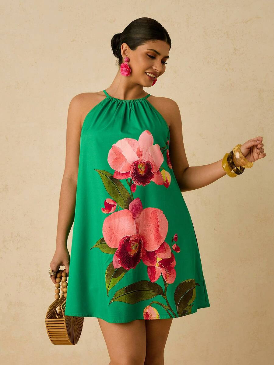 Plus Size Romantic Green Floral Print Halter Tie Strap Vacation Mini Dress For Women, For Pear An... | SHEIN