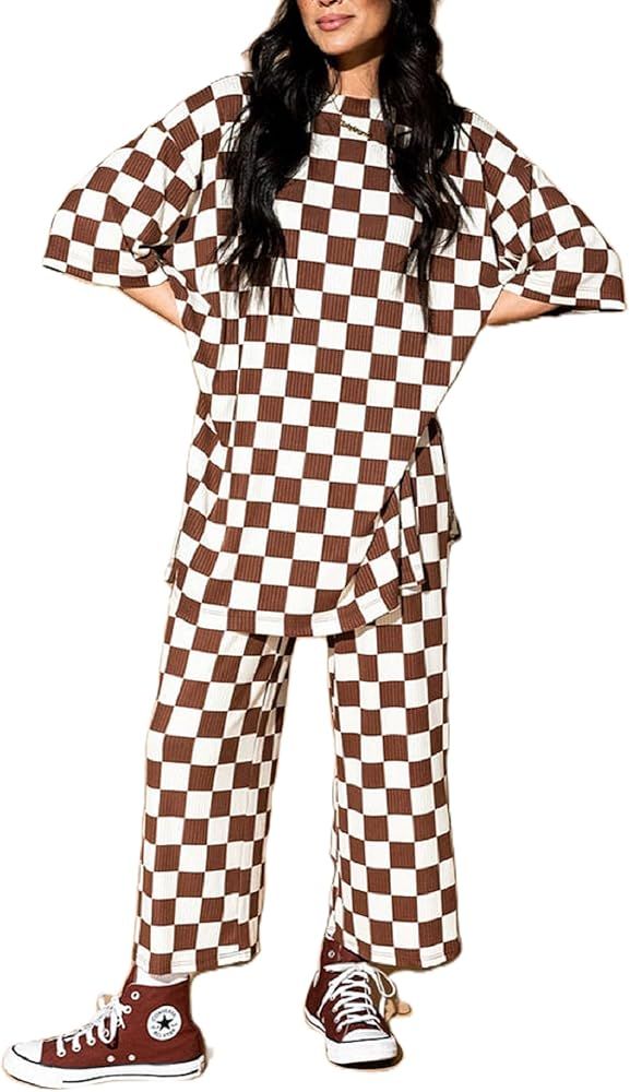 Women 2 Piece Checkered Outfits Oversized Short Sleeve Top Wide Leg Pants Matching Lounge Sets Gi... | Amazon (US)