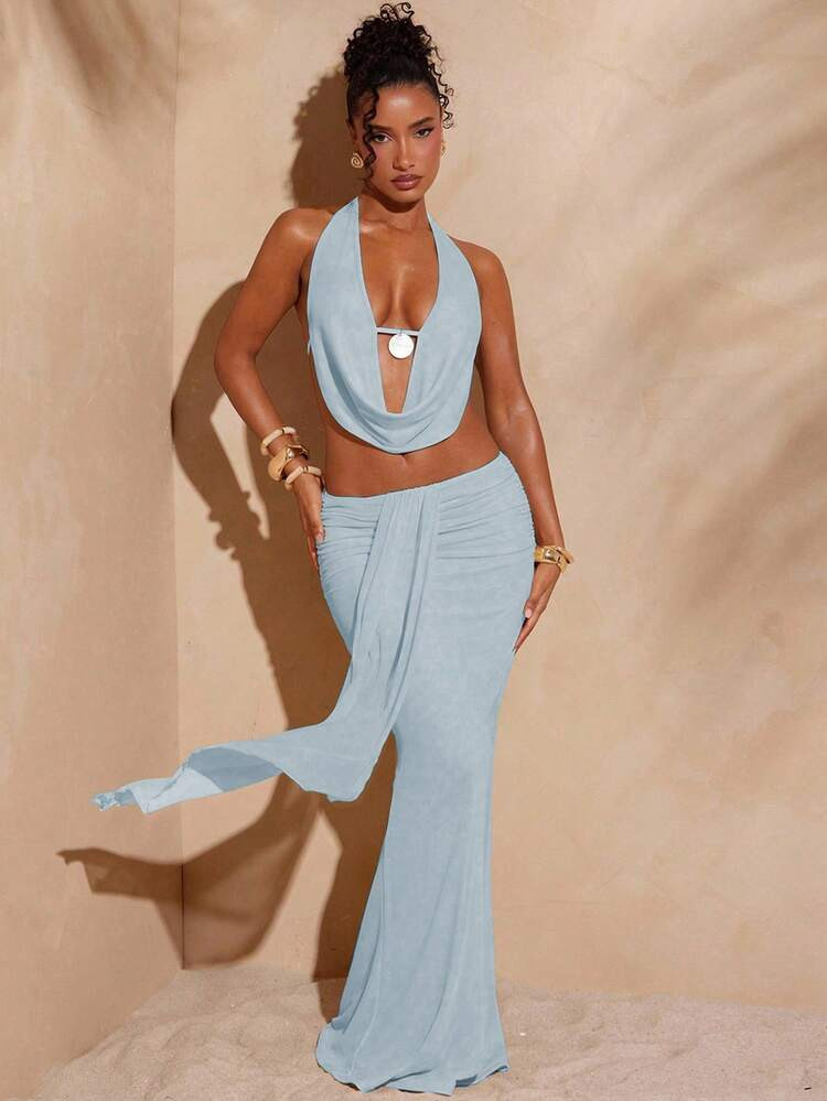 SHEIN Haute Women's Solid Color Halter Draped Backless Top And Skirt Elegant 2-Piece Set | SHEIN
