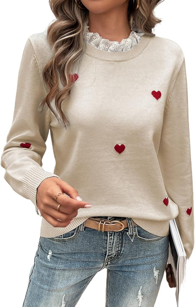 Women's Heart Embroidered Mock Neck Sweater, Casual Regular Fit Long Sleeve Lace Decor Pullover K... | Amazon (US)