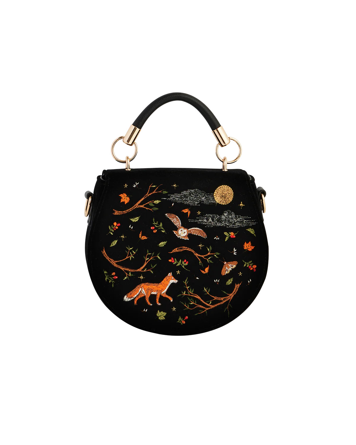 Black Fox & Owl Embroidered Top Handle Saddle Bag | Fable England