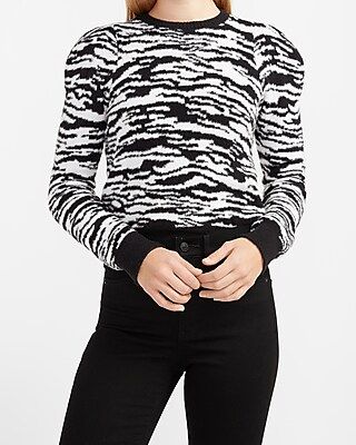 Cozy Zebra Puff Sleeve Crew Neck Sweater Print Women's XS | Express