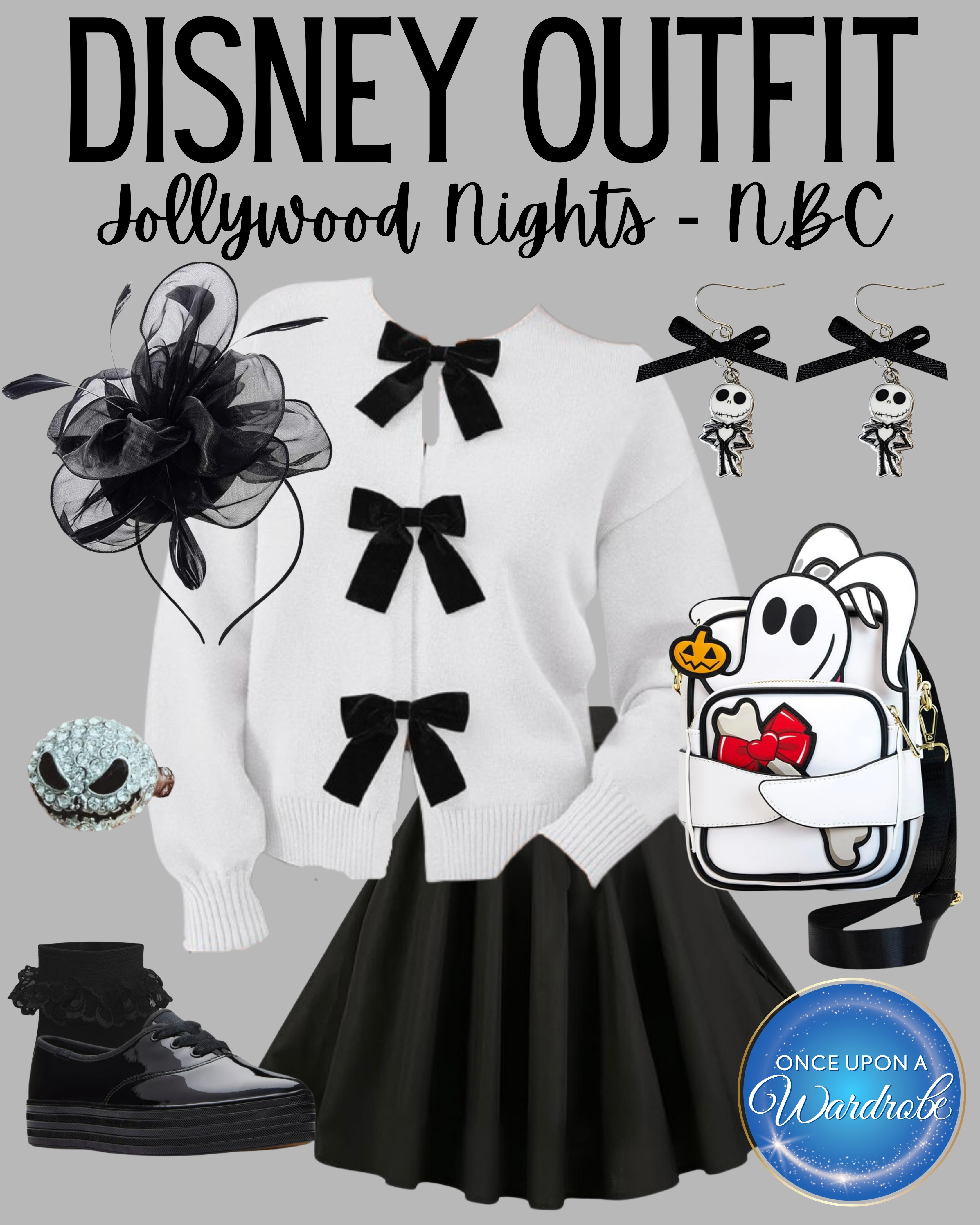 A Nightmare Before Christmas-inspired Jollywood Nights outfit with a black skirt, bow-detail cardigan, fascinator, Jack earrings and a statement Zero bag. A fun party look for Hollywood Studios or any other festive Disney occasion! 

 #LTKootd #LTKmomlife #LTKTravel