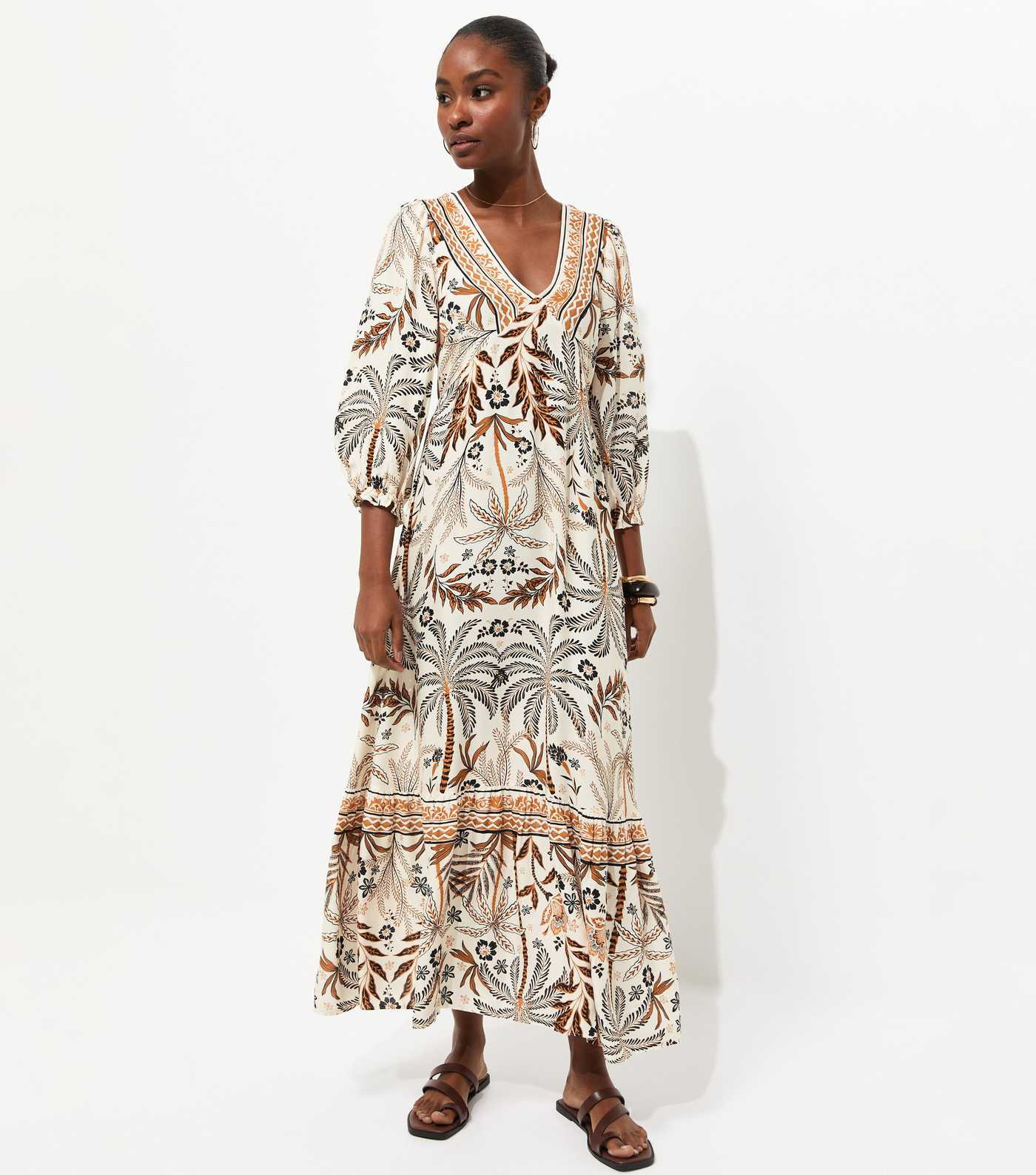 Cream Lotus and Palm Tree Print Midi Dress | New Look | New Look (UK)