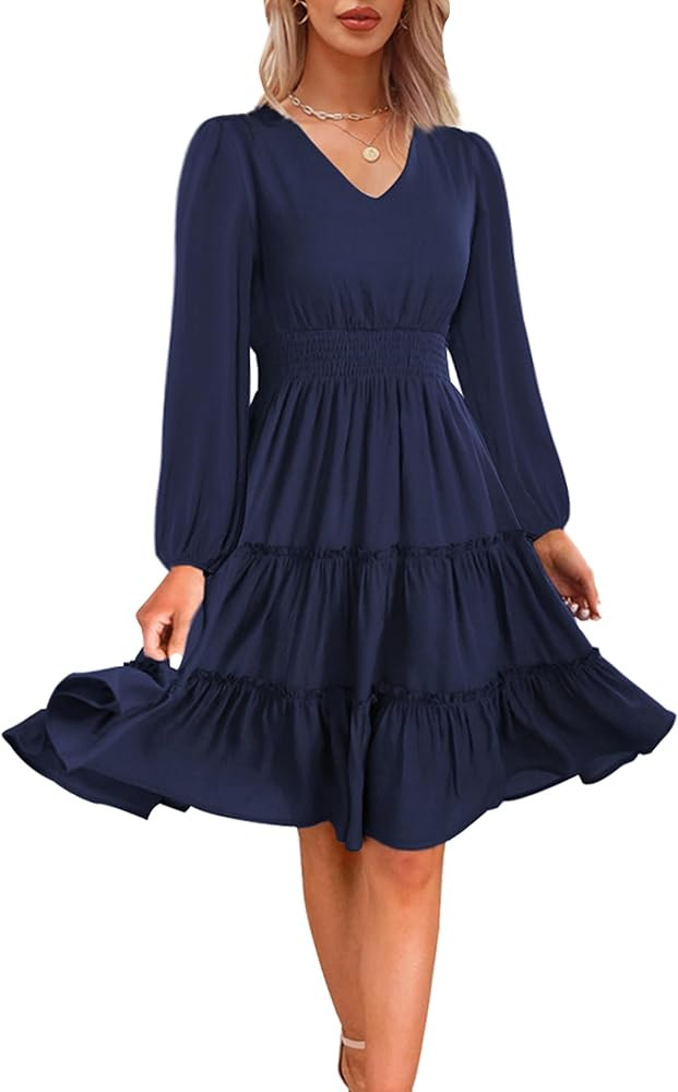 Zattcas Women 2025 Sping Summer Dress V Neck Smocked Waist Casual Flowy A Line Tiered Work Midi D... | Amazon (US)