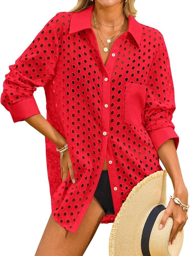 Fisoew Womens Hollow Out Swimsuit Coverup Shirt Button Down Bathing Suit Cover Ups Beachwear | Amazon (US)