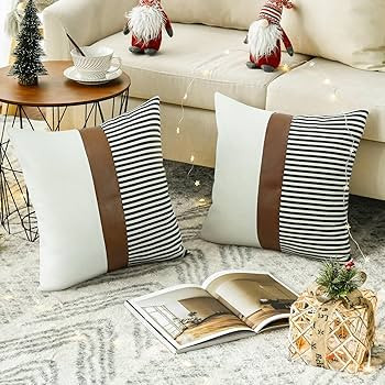 cygnus Set of 2 Farmhouse Decor Stripe Patchwork Linen Throw Pillow Covers,Modern Tan Faux Leathe... | Amazon (US)