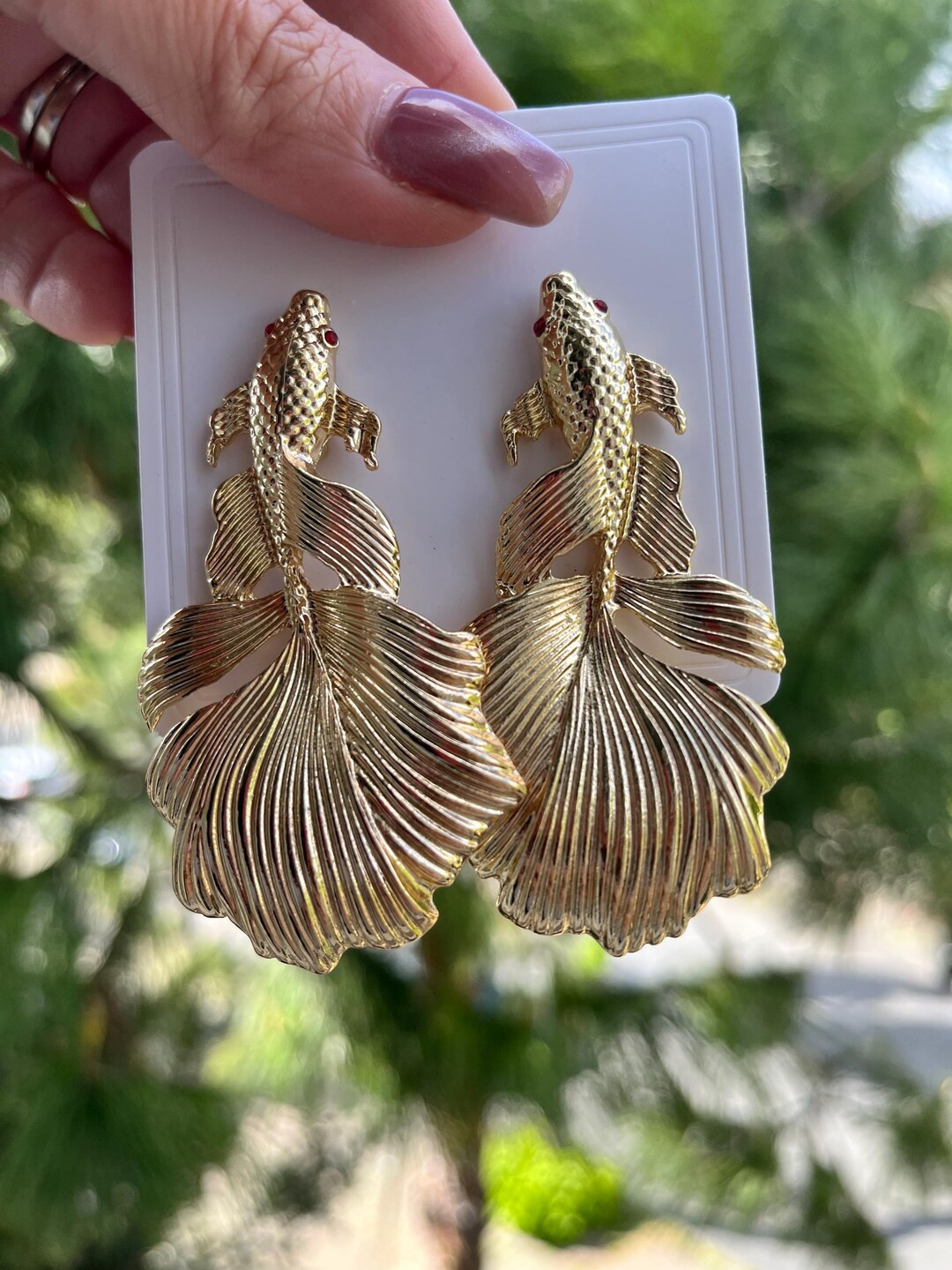 Gold Fish Earrings With Red Eyes • Large Fish Earrings • Long Gold Fish Earrings • Animal J... | Etsy (US)