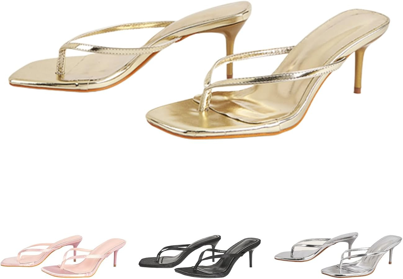 Women's Stiletto Heel Casual Flip Flops Satin Fashion Square Open Toe Backless Summer Slip On Hig... | Amazon (US)