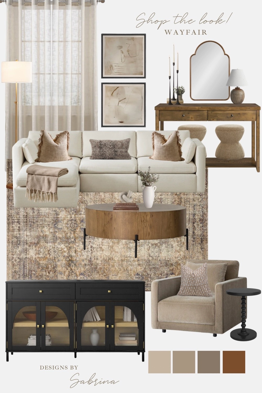 Neutral living room mood board — beige sectional sofa, warm wood coffee table, black console cabinet, accent chair, neutral art, textured rug + cozy pillows.
Tap to shop all Wayfair finds + recreate this look in your home.

#LTKhome