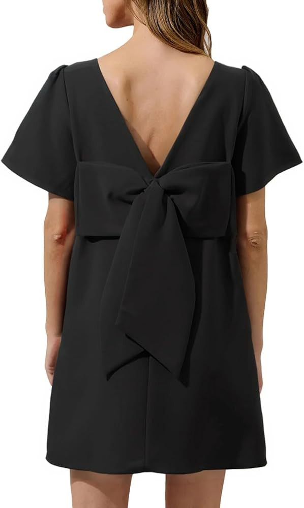 Kedera Women's Casual Mini Bow Crew Neck Short Sleeves Loose Dresses Swing Solid Shift Dress with... | Amazon (US)