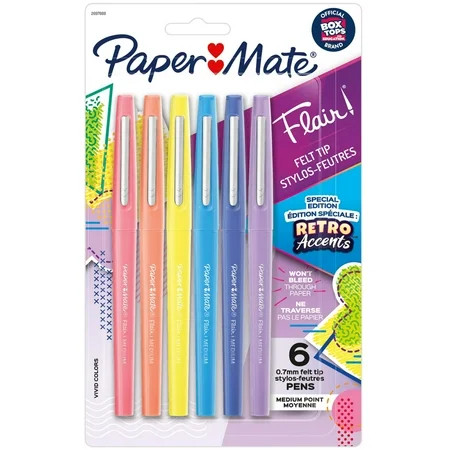 Paper Mate Flair Felt Tip Pens, Medium Point (0.7mm), Special Edition Retro Accents, Assorted Colors, 6 Count | Walmart (US)
