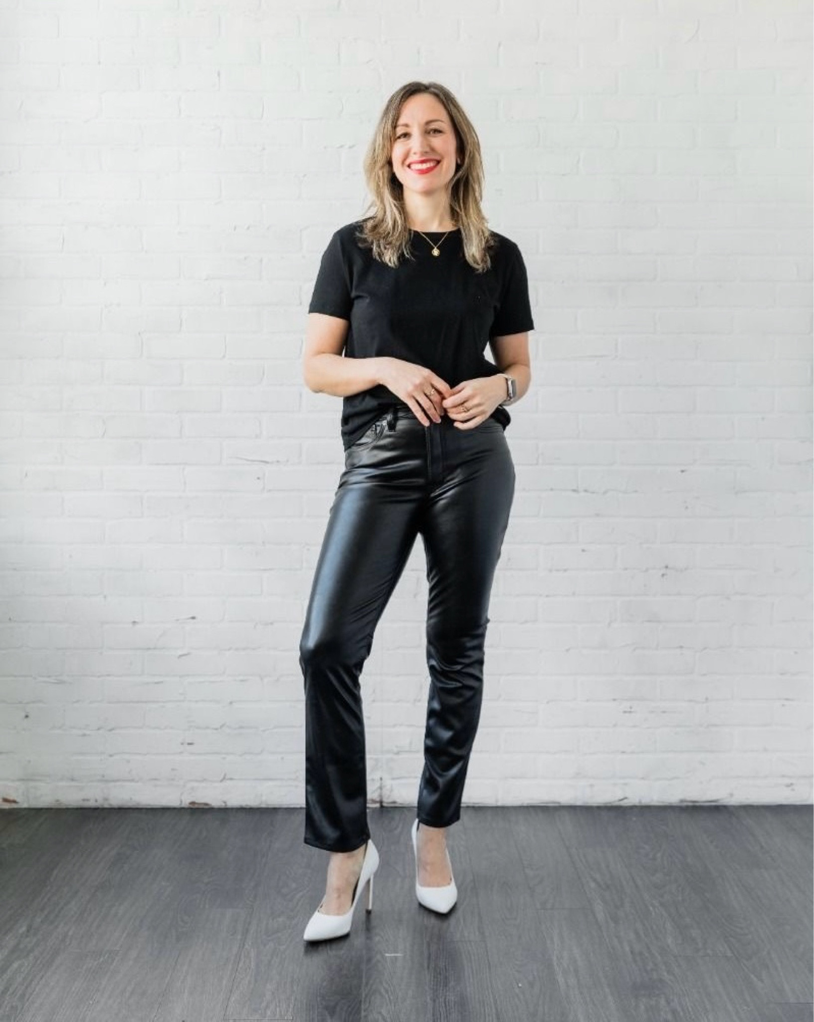 Faux black leather pants with black tee and white pumps for fall 

#LTKSeasonal #LTKOver40