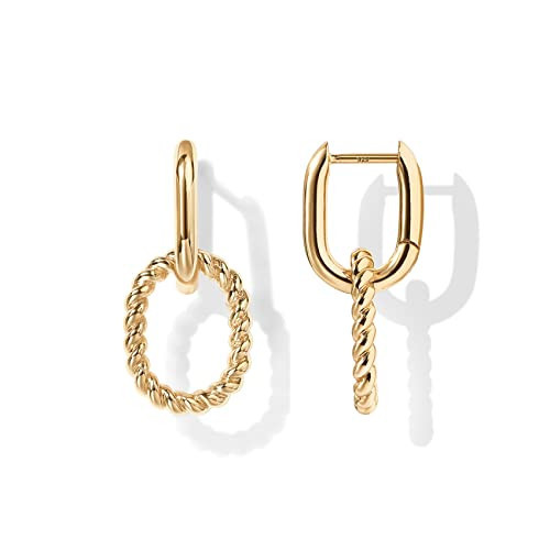 PAVOI 14K Yellow Gold Plated Convertible Twisted Rope and Plain Paperclip Link Earrings for Women - Braided Drop Dangle Huggie Hoop Earrings | Amazon (US)