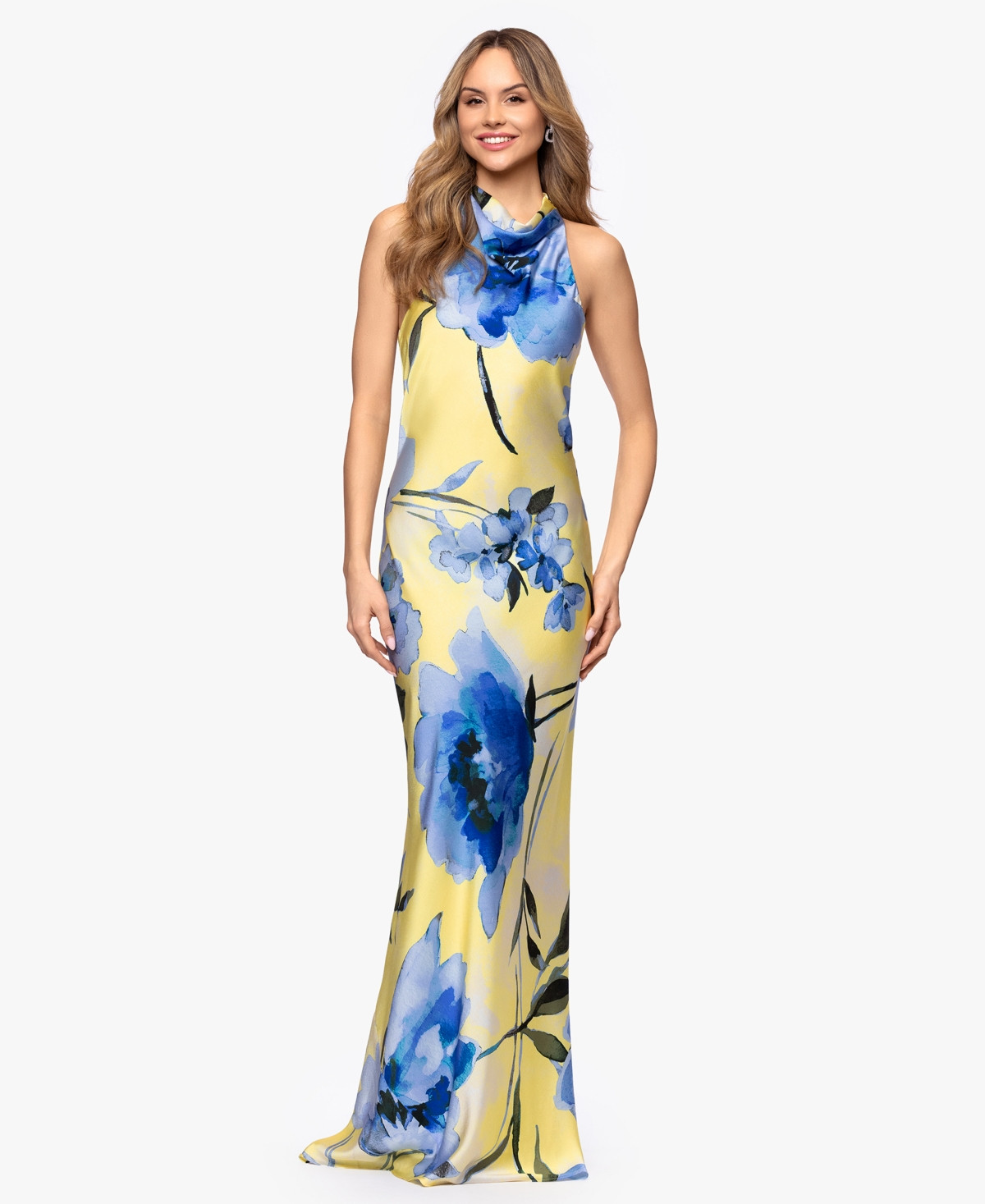 Betsy & Adam Women's Cowl Neck Printed Ball Gown - YELL/BLUE | Macy's