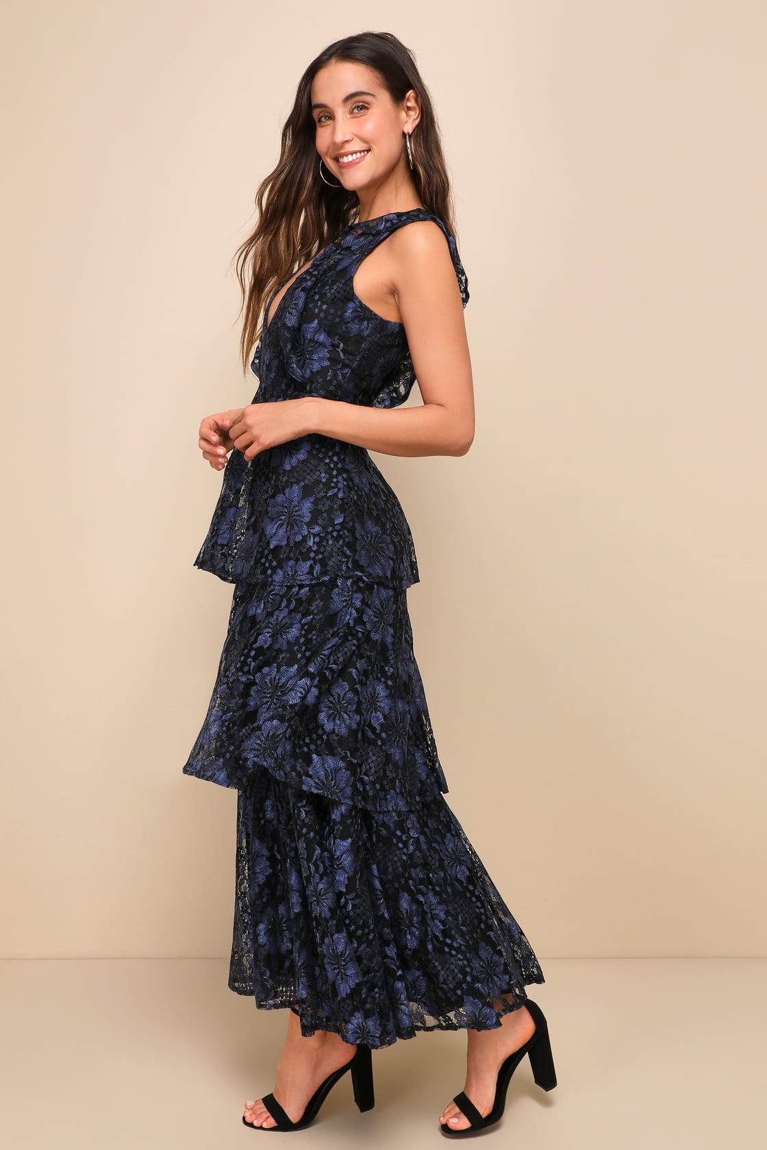 Molinetto Navy Blue Lace Ruffled Tiered Sleeveless Maxi Dress | Lulus